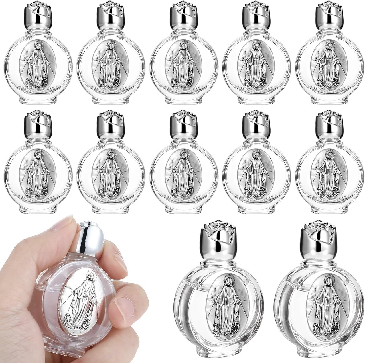 12 Pcs Glass Holy Water Bottles - 0.5 Fl oz (Silver, Divine Mercy)